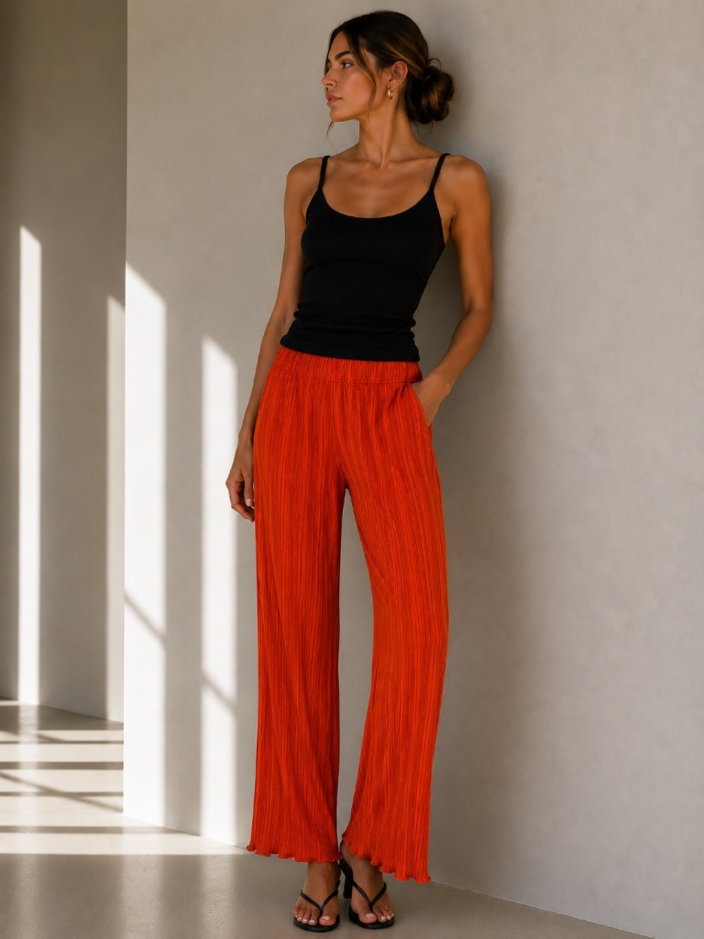 Women’s Blazer Over Vell Pleated Wide Leg Pants Orange Cognac Size 42